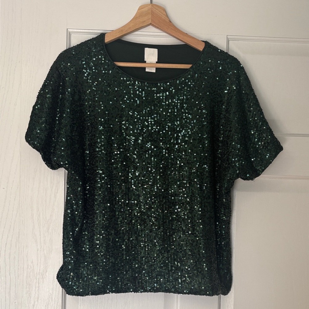 H&M Dark Green Sequin Short Sleeve Top
